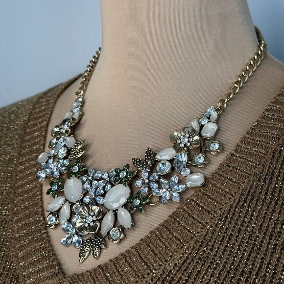 Floral Vintage Art Nouveau Rhinestone Necklace Distressed Adjustable Flowers - Picture 2 of 7